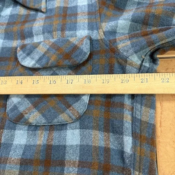 VTG Pendleton Board Shirt Blue Plaid Wool Flap Pockets Loop Collar Men's Sz Med